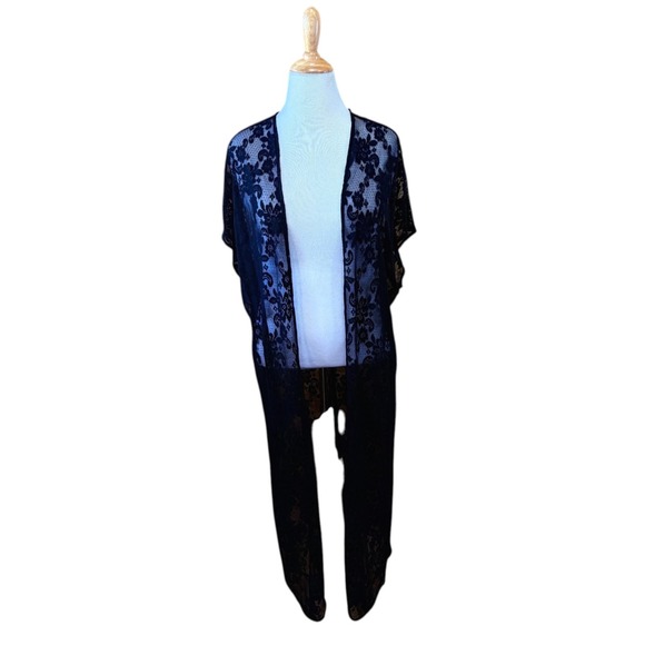 torrid Sweaters - Torrid Black Floral Lace Longline Kimono Sheer Open Front Duster Size 1/2